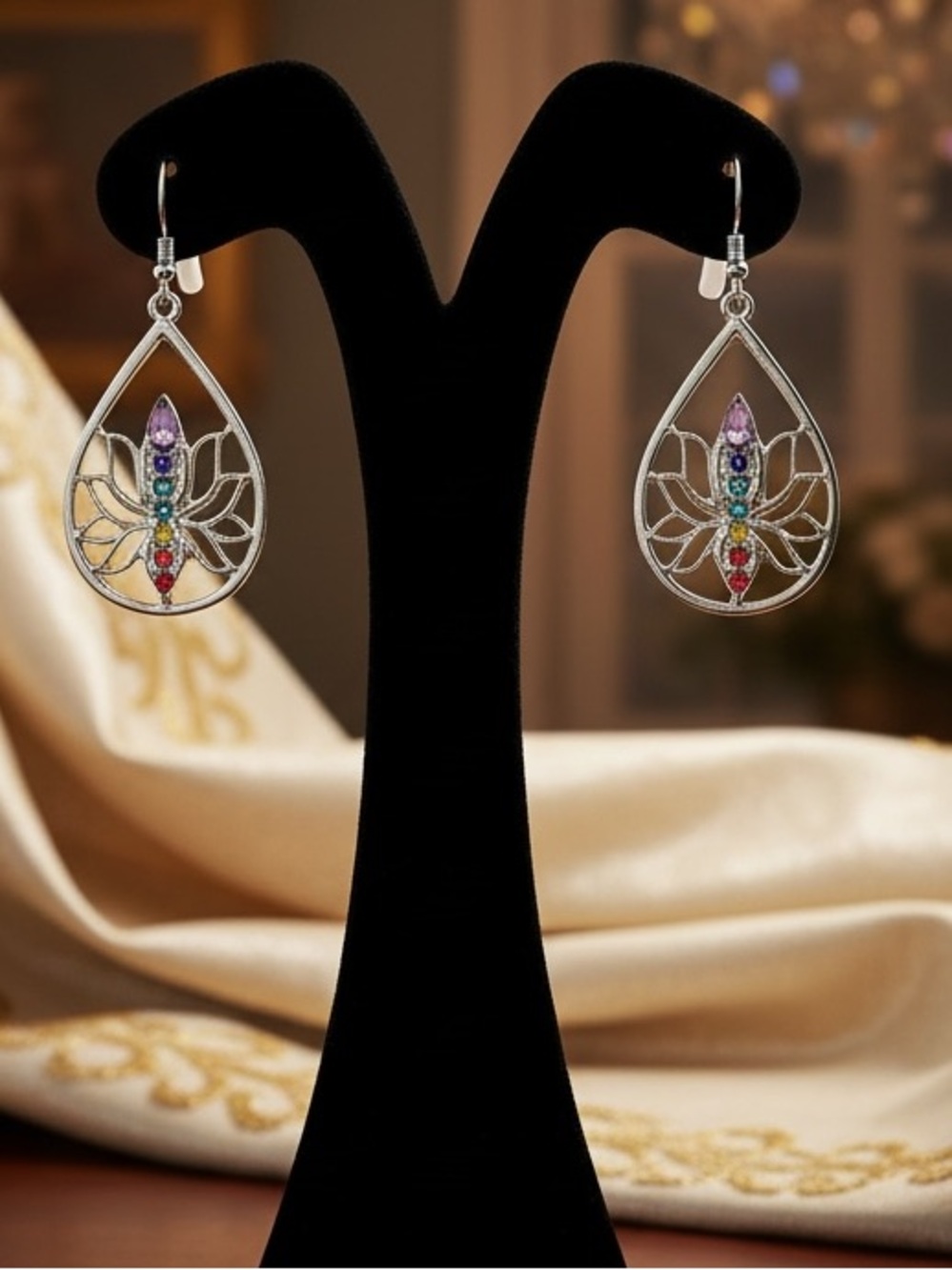 Silver Teardrop Lotus Earrings with Multicolor Stones